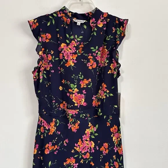Nanette Lepore Floral Chiffon Dress Size 10 Ruffle Sleeveless Summer Navy NEW - Picture 4 of 8